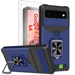 HLD Wallet Case Compatible \w Google Pixel 6A & 2 Screen Protectors, \w Sliding Camera Cover, Card Holder Slot And Magnetic Kickstand Ring, Heavy