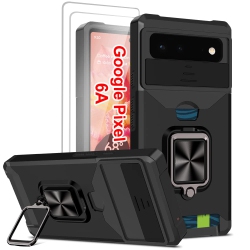 HLD Wallet Case Compatible \w Google Pixel 6A & 2 Screen Protectors, \w Sliding Camera Cover, Card Holder Slot And Magnetic Kickstand Ring, Heavy