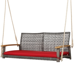 TOPBUY Patiojoy Patio 2-Person Wicker Loveseat Rattan Porch Hanging Swing Chair W/ \w 118" Hanging Ropes Seat Cushion & Acacia Wood Armrests /off