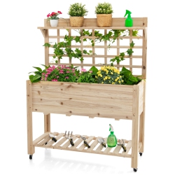 TOPBUY Raised Garden Bed With Trellis 41.5X16X54 Inch Mobile Elevated Planter Box With Wheels Bed Liner Top/bottom Storage Shelves