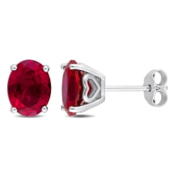 AMOUR Oval Created Ruby Stud Earrings In Sterling In Silver
