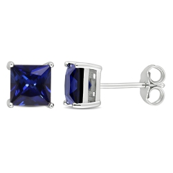 AMOUR Princess Cut Created Sapphire Stud Earrings Silver In Blue