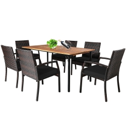 GYMAX 7PCs Patio Dining Furniture Set Yard W/ Wooden Tabletop Cushions In Black