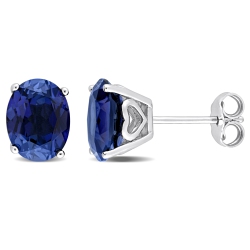 AMOUR Oval Created Sapphire Stud Earrings Silver In Blue