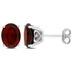 AMOUR Oval Garnet Stud Earrings With Heart Design In Silver