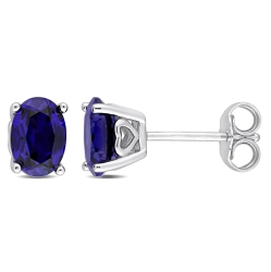AMOUR Oval Created Sapphire Stud Earrings Silver In Blue