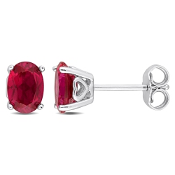 AMOUR Oval Created Ruby Stud Earrings In Sterling In Silver