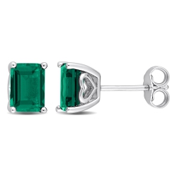 AMOUR Octagon Created Emerald Stud Earrings In Sterling In Silver