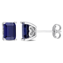 AMOUR Octagon Created Sapphire Stud Earrings In Sterling Silver In Blue