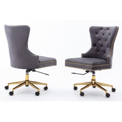 BEST QUALITY Swivel Office Chair In Dark Velvet With Gold Chrome And Tufted Seat Back In Gray