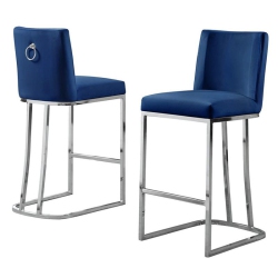 BEST QUALITY Velvet Counter Height Chairs In Velvet And Silver Chrome (Set Of 2) In Navy Blue