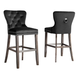 BEST QUALITY Rustic Velvet Bar Stools With Chrome Handle And Footrest (Set Of 2) In Black