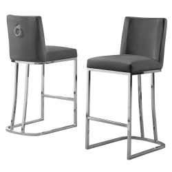 BEST QUALITY Velvet Counter Height Chairs In Dark Velvet And Silver Chrome (Set Of 2) In Gray