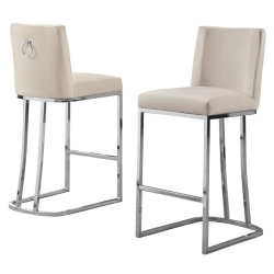 BEST QUALITY Velvet Counter Height Chairs In Beige Cream Velvet And Chrome (Set Of 2) In Silver