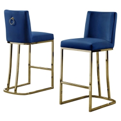 BEST QUALITY Velvet Counter Height Chairs In Velvet And Gold Chrome (Set Of 2) In Navy Blue