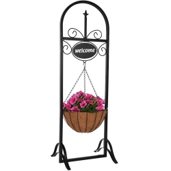 SUNNYDAZE DECOR Sunnydaze Iron Frame Hanging Basket Planter With Welcome Sign - 48 In Black