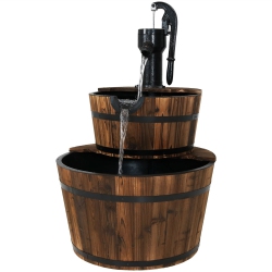 SUNNYDAZE DECOR Sunnydaze Rustic 2-Tier Wood Barrel Water Fountain With Hand Pump - 34 In