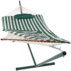 SUNNYDAZE DECOR Sunnydaze Large Rope Hammock With Steel Stand And Pad/pillow - Stripe In Green