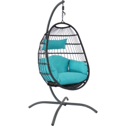 SUNNYDAZE DECOR Sunnydaze Resin Wicker Hanging Egg Chair With Steel Stand/cushions - In Blue