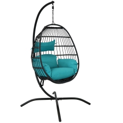 SUNNYDAZE DECOR Sunnydaze Resin Wicker Hanging Egg Chair With Steel Stand/cushion - In Teal