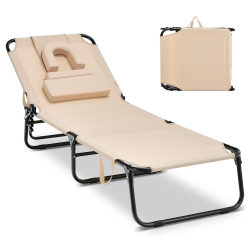COSTWAY Beach Chaise Lounge Chair With Face Hole Pillows & 5-Position Adjustable Backrest