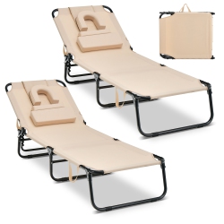 COSTWAY 2 PCs Beach Chaise Lounge Chair With Face Hole Pillows & Adjustable Backrest