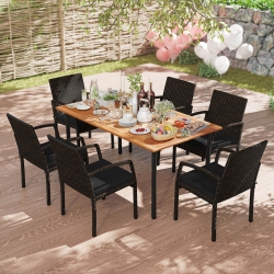 COSTWAY 7PCs Patio Rattan Dining Chair Table Set With Cushion Umbrella Hole