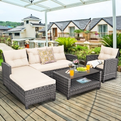 COSTWAY 4PCs Patio Rattan Furniture Set Sofa Ottoman Cushion Garden Deck