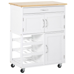 HOMCOM Kitchen Island On Wheels, Rolling Kitchen Cart With Drawer, 9-Bottle Wine Rack, Storage Cabinets, Wooden Countertop (White)