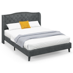 GYMAX Queen Upholstered Platform Bed Frame W/ Button Tufted Headboard Noise-Free