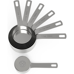 CHEF POMODORO Stainless Steel Measuring Cup Set, Nested And Stackable \w 7 Pieces, Sturdy Extra-Long Handles \w Lasered Markings And Sorting Ring