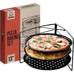 CHEF POMODORO Pizza Baking Set With 3 Pizza Pans And Pizza Rack, Non-Stick Perforated Pizza Trays, for Oven, Grill, Barbeque (13-Inch Pans)