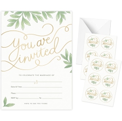 RILEYS & CO. Rileys & Co 50 Pack Wedding Invitation Cards With Envelopes, Bonus Stickers Included Foil Print And Leaf Design, 5X7 Inches In Gold