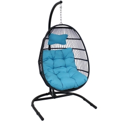 SUNNYDAZE DECOR Sunnydaze Resin Wicker Hanging Egg Chair With Steel Stand/cushions - In Blue