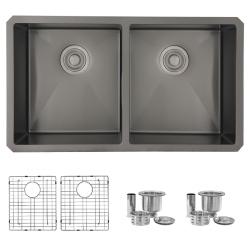 STYLISH A - 32 Inch Graphite Double Bowl Undermount Stainless Steel Kitchen Sink With Grids And Basket Strainers S-701Xn In Black