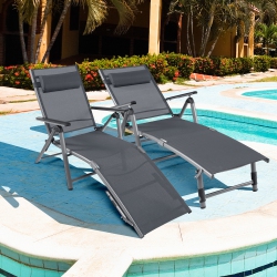 COSTWAY 2PCs Patio Folding Aluminum Lounge Chair Chaise Adjustable Back Armrest Headrest