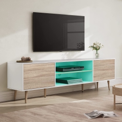 WAMPAT Led Mid Century Modern Tv Stand \w 16 Colors Changeable Led Lights for Tvs Up to 75 Inch, Wood Tv Console \w Storage, Entertainment Center In