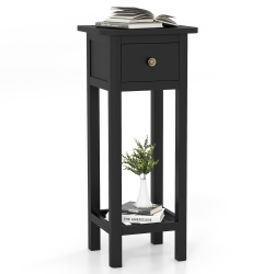 GYMAX Solid Wood Side Table Rectangular Sofa Side Table W/ Acacia Wood Top Telephone Table In Black