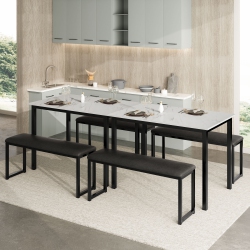 HOMOOI Two 3-Piece Dining Table Set, 2 Pack Kitchen Marble Table Set With 4 Faux Leather Cushioned Benches In White