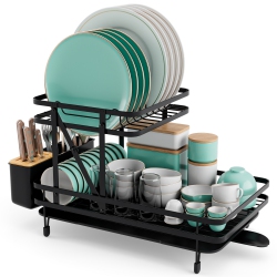 COSTWAY Dish Drying Rack Collapsible 2 Tier Dish Rack And Drainboard Set Kitchen Counter