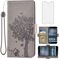 GENERIC Compatible With Nokia 6 2017 Wallet Case And Tempered Glass Screen Protector Flip Purse Accessories Wrist Strap