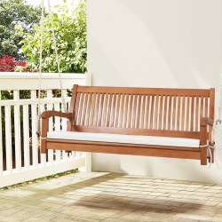 GYMAX 2-Seat Patio Hanging Wooden Porch Swing Bench W/ Cushion & Hanging Ropes