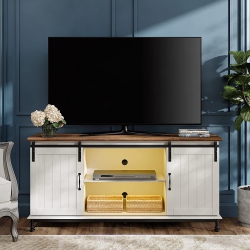 WAMPAT Farmhouse Led Tv Stand Sliding Barn Door Entertainment Center for Tv Up to 65 Inch \w USB Lights Strip, Wood Console Table Storage Cabinet In
