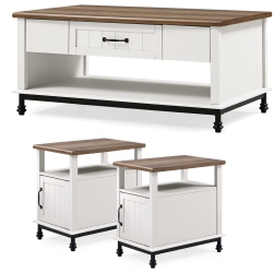WAMPAT Farmhouse Living Room Furniture Set Of 3, 42" Coffee Table Set With 2 Pack 24" Matching Narrow Storage End Side Tables & Oak, Wood And Metal