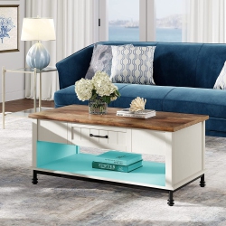 WAMPAT Farmhouse Coffee Table \w 16 Colors Led Lights, Large Rectangle Center Table \w 1 Drawers And Open Storage Shelf for Living Room, 42