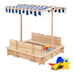 GYMAX Kids Wooden Sandbox With Canopy & Foldable Bench Seats