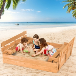 GYMAX Kids Large Wooden Sandbox Outdoor Cedar Sandpit With 2 Bench Seats