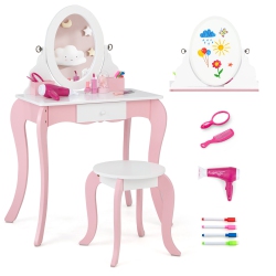 GYMAX Pretend Kids Vanity Set Makeup Dressing Table 2-In-1 Mirror & Whiteboard