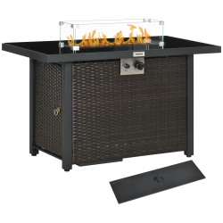 OUTSUNNY Propane Fire Pit Table 43" Outdoor Fire Table, 50, 000 Btu Pulse-Ignition Wicker Firepit Furniture \w Glass Wind Guard Glass Rock, Csa