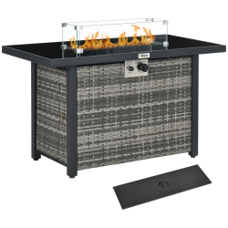 OUTSUNNY Propane Fire Pit Table 43" Outdoor Fire Table, 50, 000 Btu Pulse-Ignition Wicker Firepit Furniture \w Glass Wind Guard Glass Rock, Csa